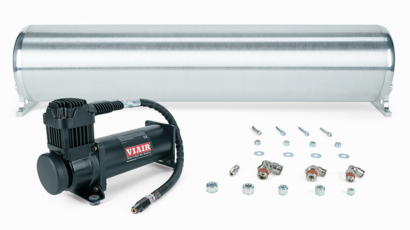 28\" FLO Tank W/ Viair 444c Black Compressor, 1/4\" & 3/8\" Fittings And Tank Mounting Hardware